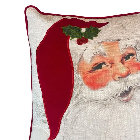 Santa Claus Feather Decorative Throw Pillow 20"x20" Red Velvet Embroidered Holly - Picture 2 of 11